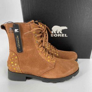 Sorel Emelie Boots Waterproof Leather Combat Shimmer Stars Tan Girl's Si…